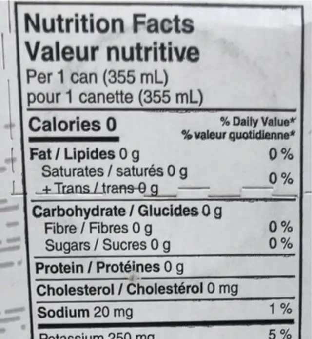Soda tonique nutrition facts table