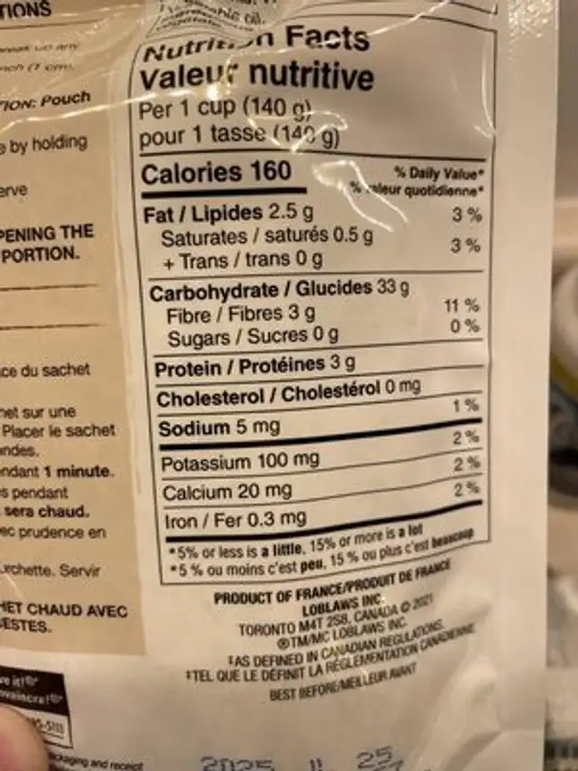 Riz brun nutrition facts table