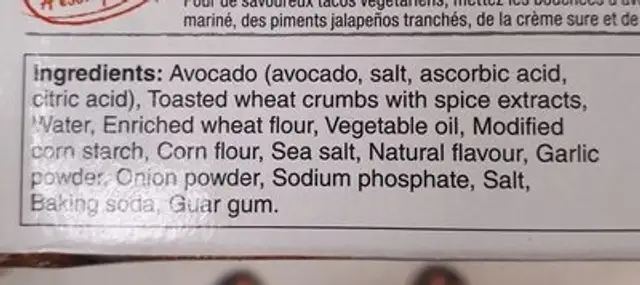 Bouchées à l'avocat pannées ingredients label