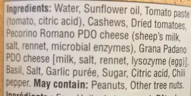 Splendido Tomato Pesto ingredients label