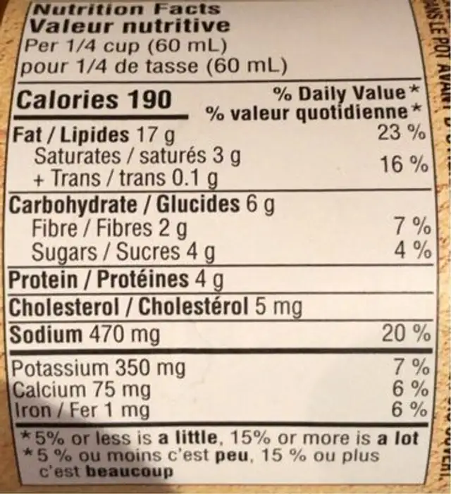 Splendido Tomato Pesto nutrition facts table