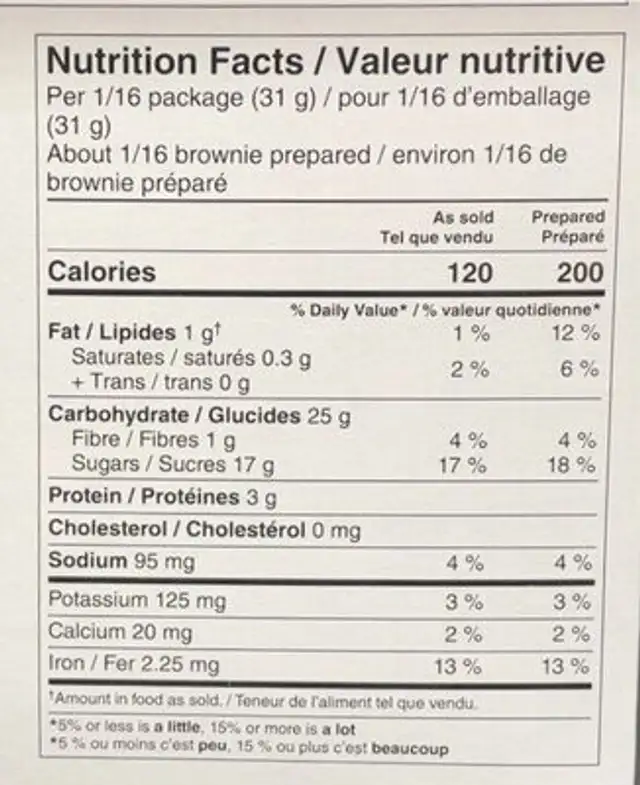 Brownie à base de plantes nutrition facts table