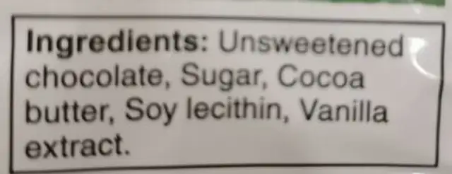 Brisure de chocolat ingredients label
