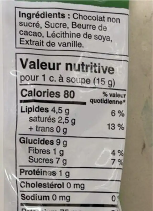Brisure de chocolat nutrition facts table