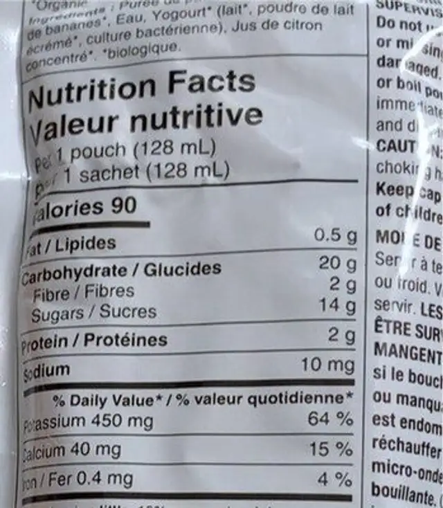 Sweet potato & banana with yogurt nutrition facts table