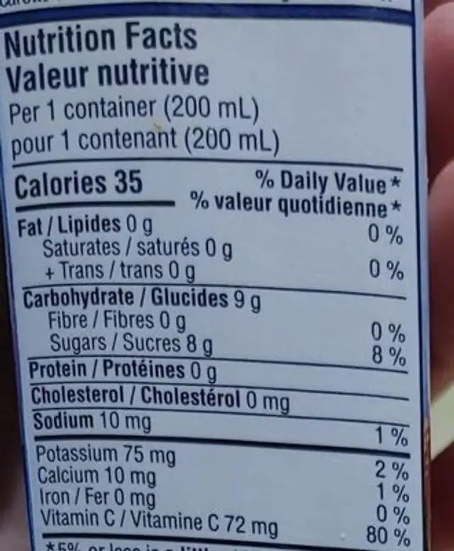 Boissons nutrition facts table