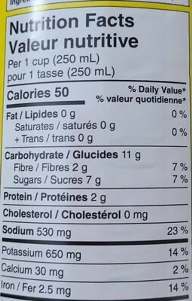 Jus de tomate nutrition facts table