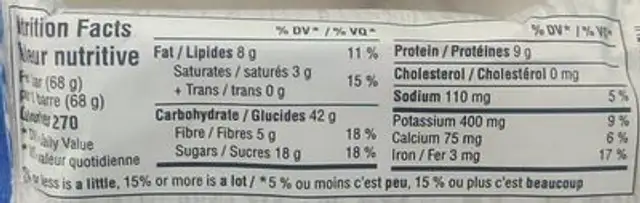 barre énergétique nutrition facts table