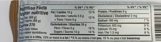 Organics Biologique Energy Bar nutrition facts table