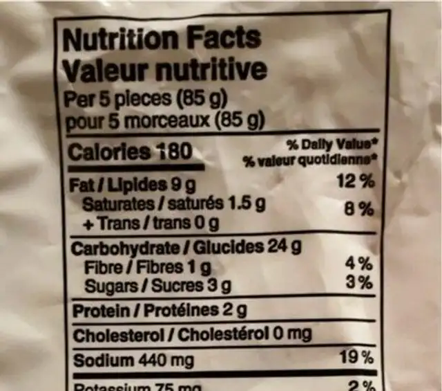 Onion Rings nutrition facts table