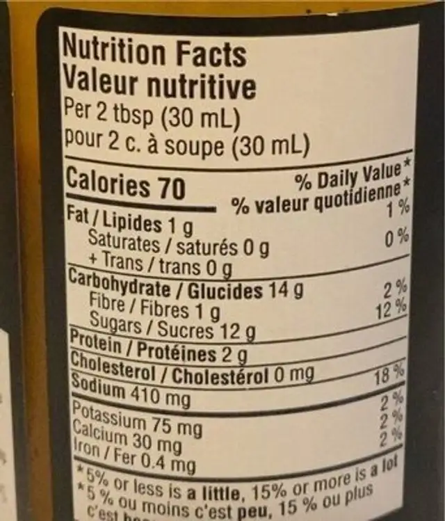 Gold Barbecue Sauce nutrition facts table