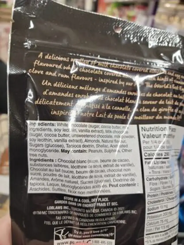 Mélange d’amandes chocolat et lait de poule ingredients label