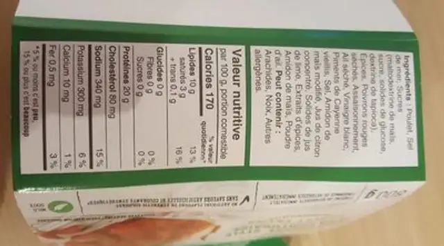 Poulet entier cuit à la portugaise nutrition facts table