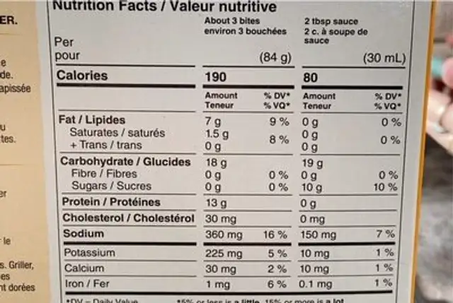 Bouchees de poitrine poulet agrume yuzu nutrition facts table