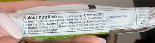 Organics dark chcolate & peanut butter nutrition facts table