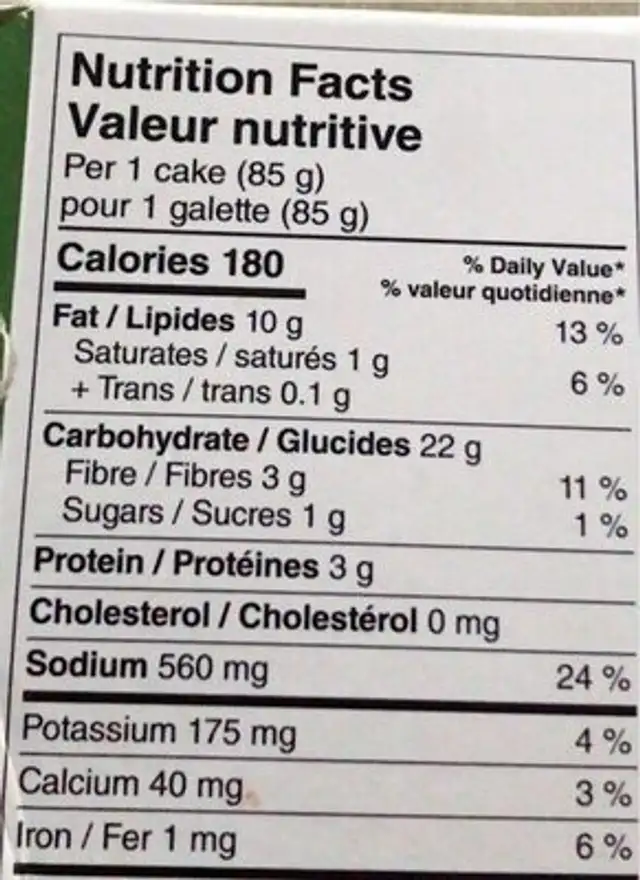 Galettes de vegé poisson nutrition facts table
