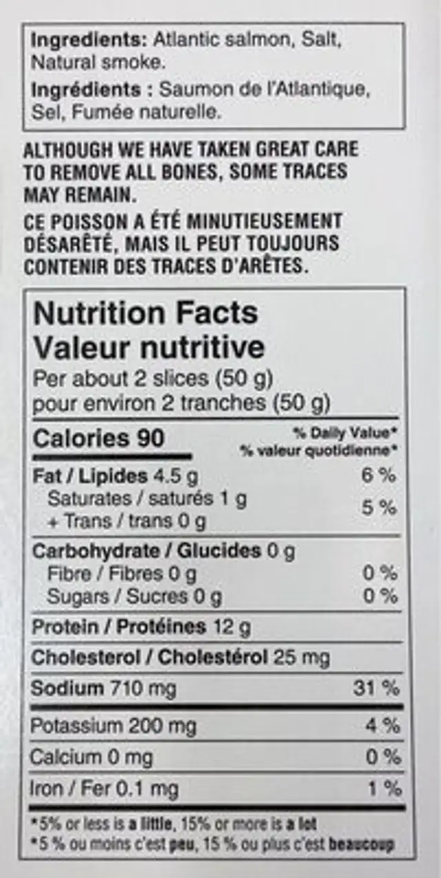 Saumon de l’Atlantique écossais fume au chêne nutrition facts table