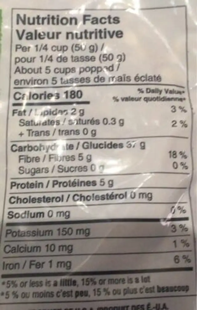 Mais a eclater nutrition facts table