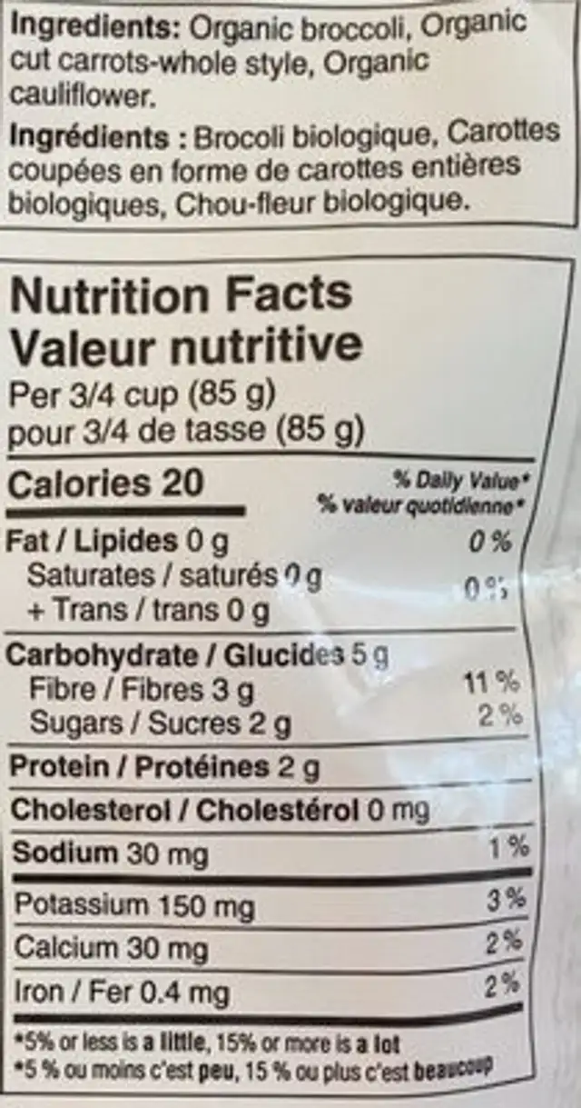 Melange de legumes a la californienne nutrition facts table