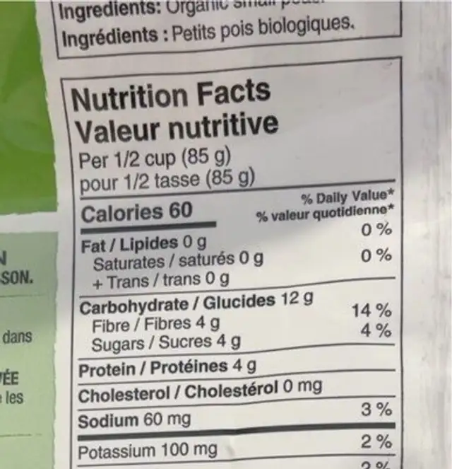 Petits pois nutrition facts table