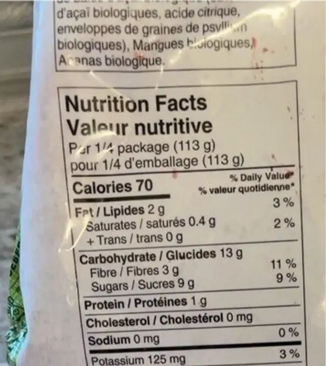 Perfectly Purple Blueberry Acai nutrition facts table