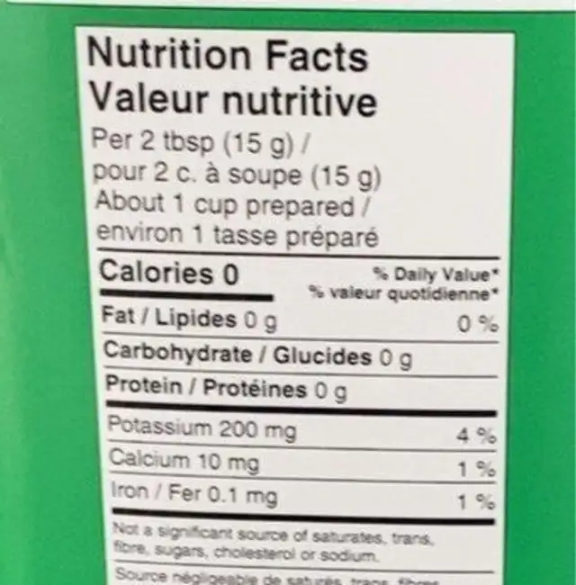Café nutrition facts table