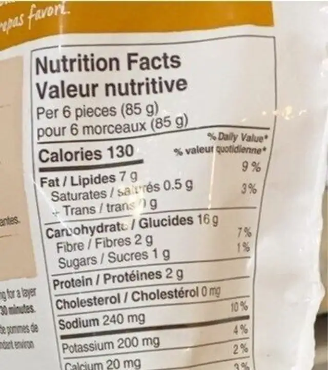 Cauliflower Tots nutrition facts table