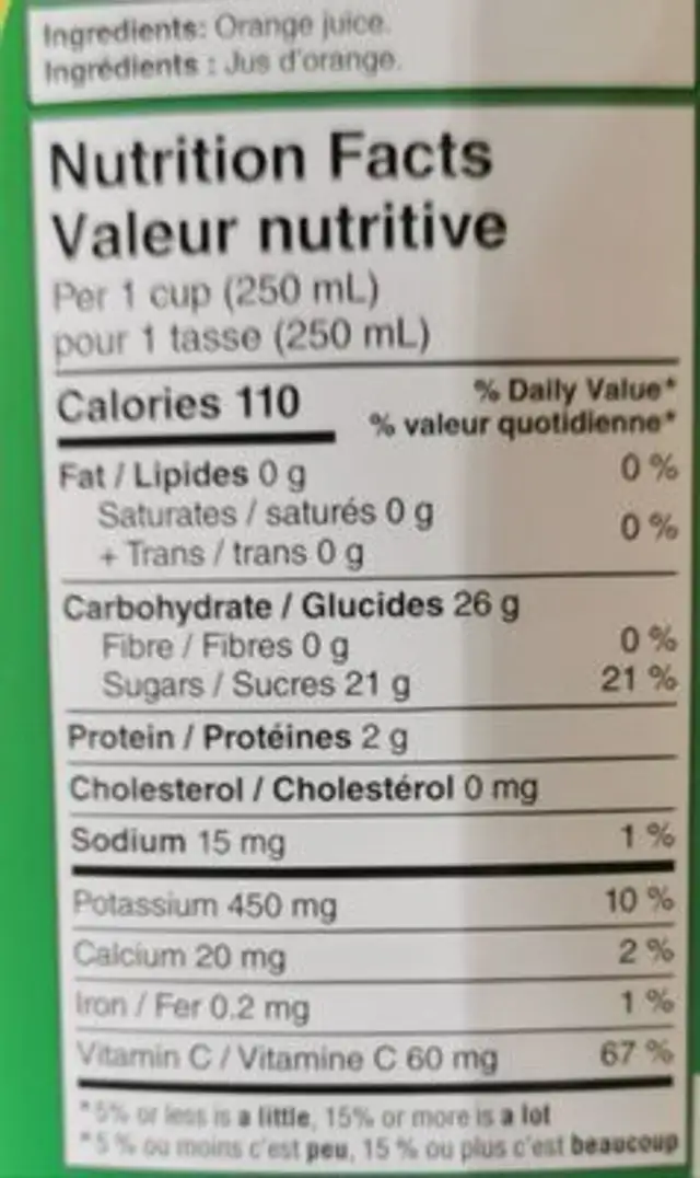Orange juice extra pulp nutrition facts table