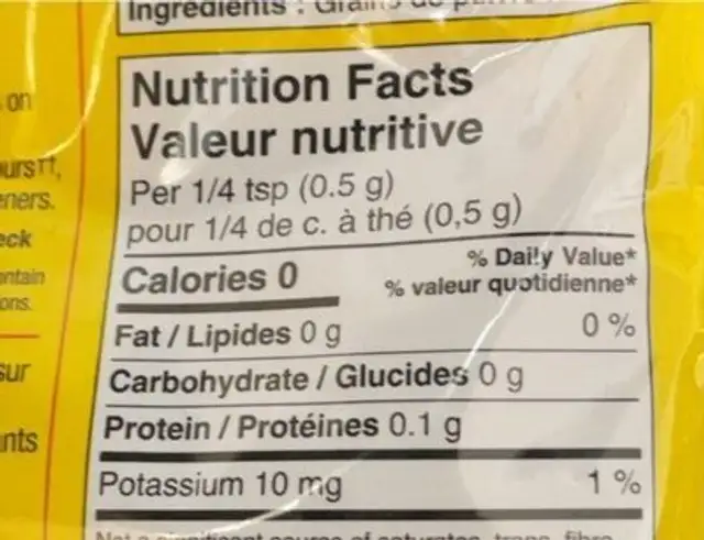 Black Peppercorns nutrition facts table