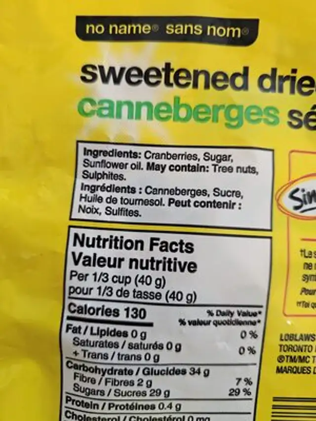 sweetened dried cranberries ingredients label