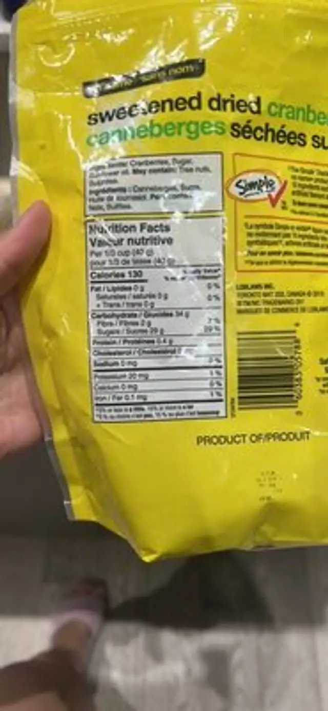 sweetened dried cranberries nutrition facts table