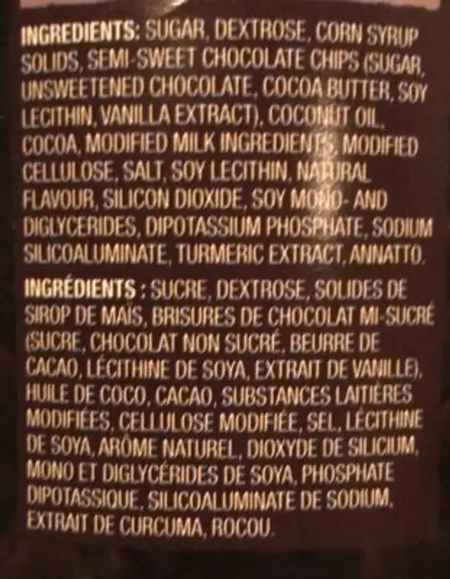 The decadent chocolate chip cookie flavour hot chocolate mix ingredients label