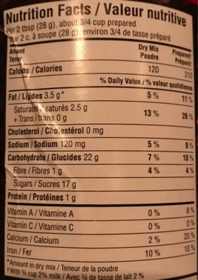The decadent chocolate chip cookie flavour hot chocolate mix nutrition facts table