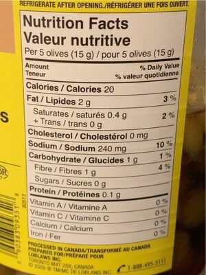 Stuffed manzanilla with pimento paste nutrition facts table