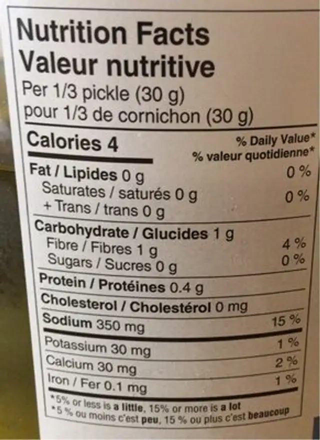 Cornichon entier à l’aneth nutrition facts table