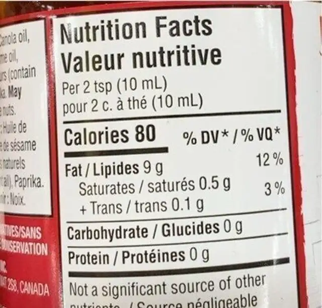 Spicy stir-fry oil nutrition facts table