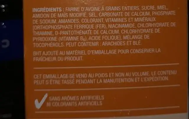 Céréales Avoine En O Au Miel Et Aux Noix PC ingredients label