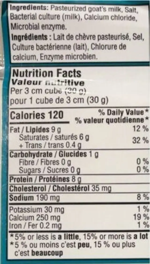 Goat’s milk mozzarella nutrition facts table