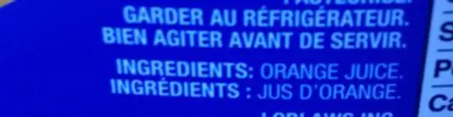 Jus d'orange sans pulpe 100% ingredients label