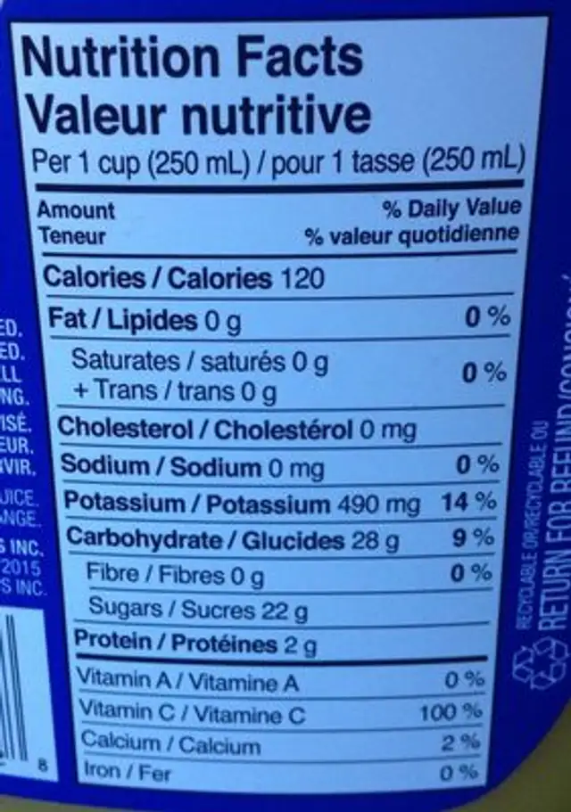 Jus d'orange sans pulpe 100% nutrition facts table