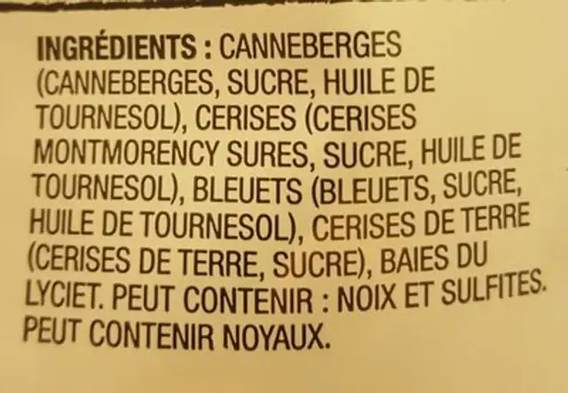 Baies et cerises ingredients label