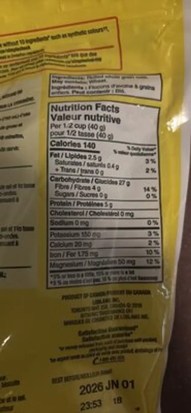 large flake oats nutrition facts table