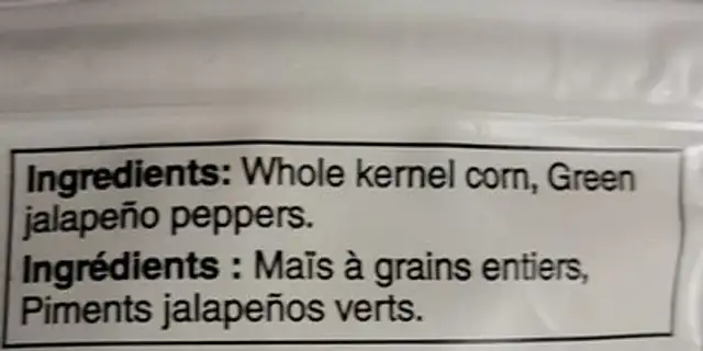 Corn & Jalapeño Pepper ingredients label