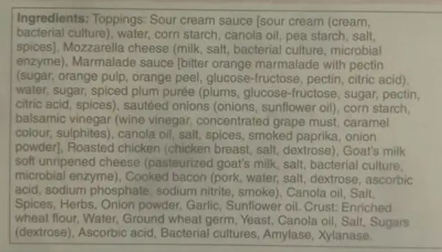 Chicken, Bacon & Caramelized Onion Flatbread ingredients label