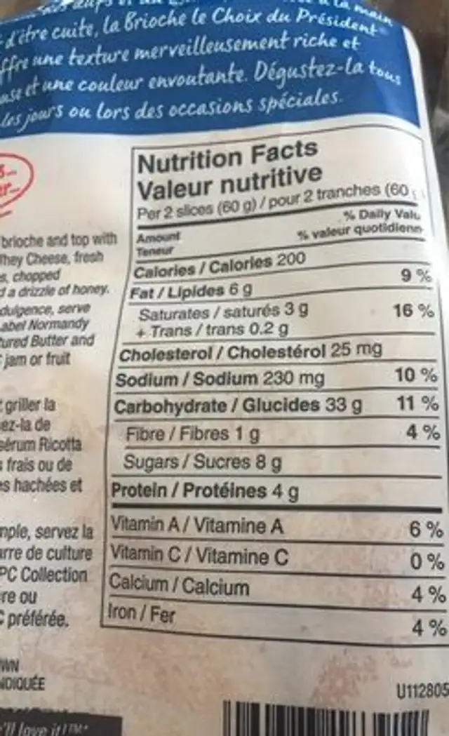 All-Butter Brioche nutrition facts table