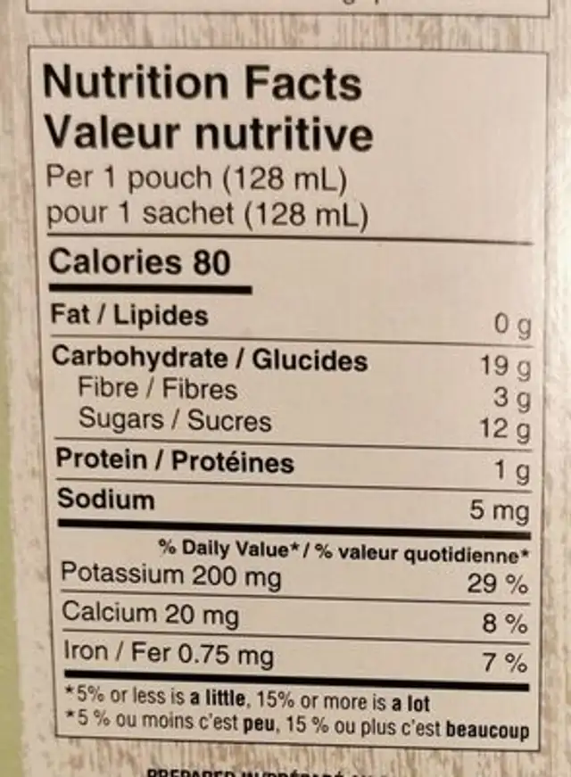 Purée pour bébé nutrition facts table