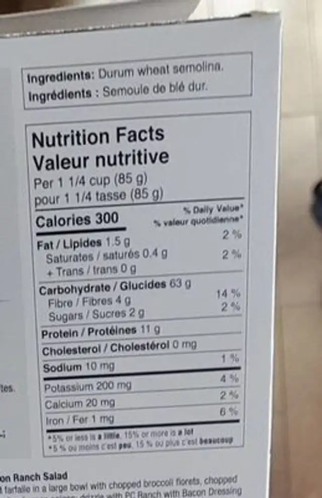 Farfalle nutrition facts table