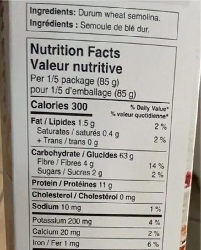 Spaghetti nutrition facts table