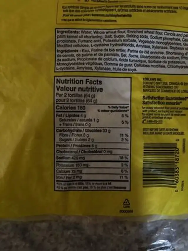 wheat tortillas nutrition facts table