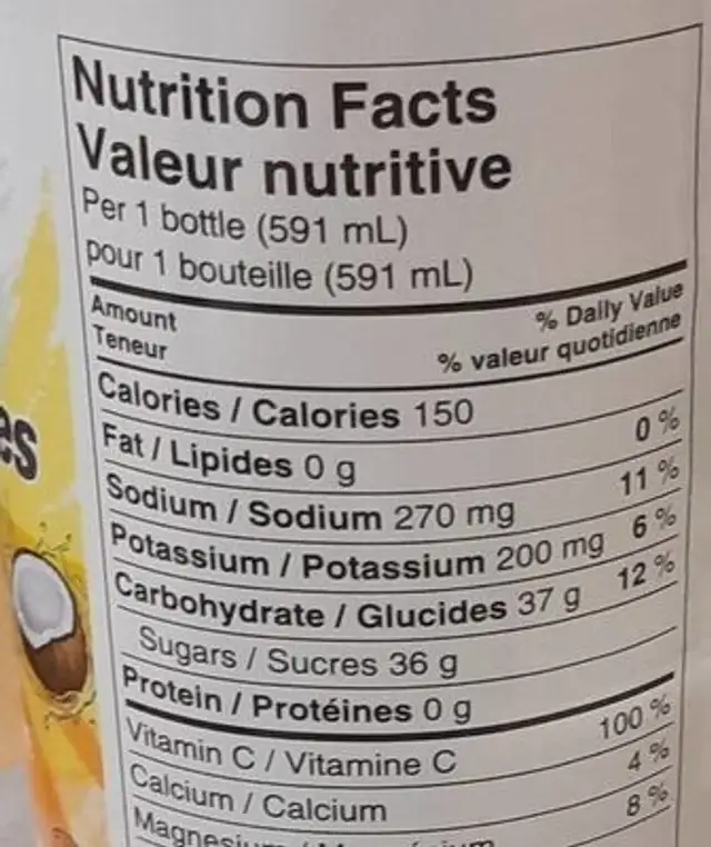 Électrolytes nutrition facts table